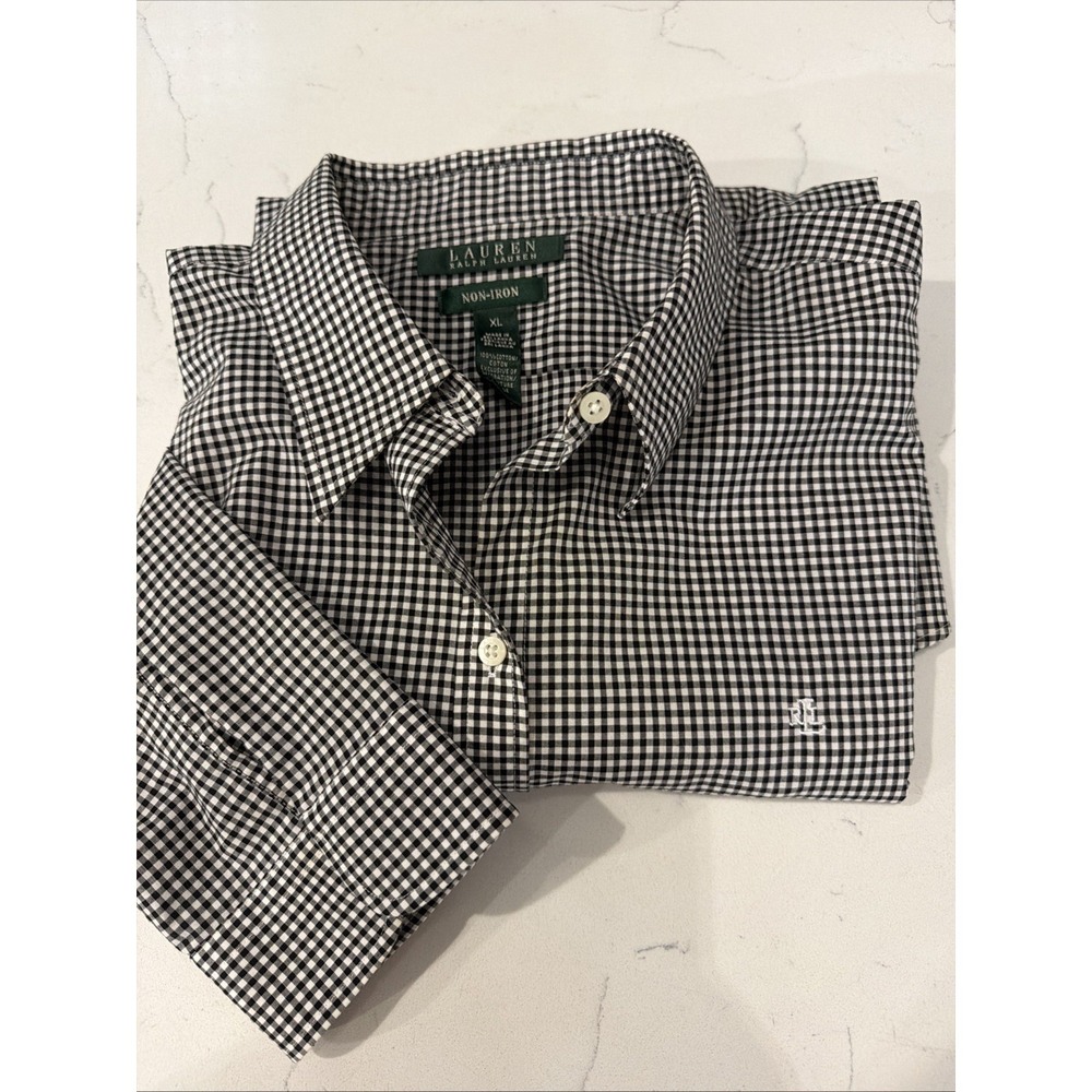 Lauren Ralph Lauren Non-Iron Gingham Button-Down Shirt | Black & White | Size XL - Picture 7 of 9